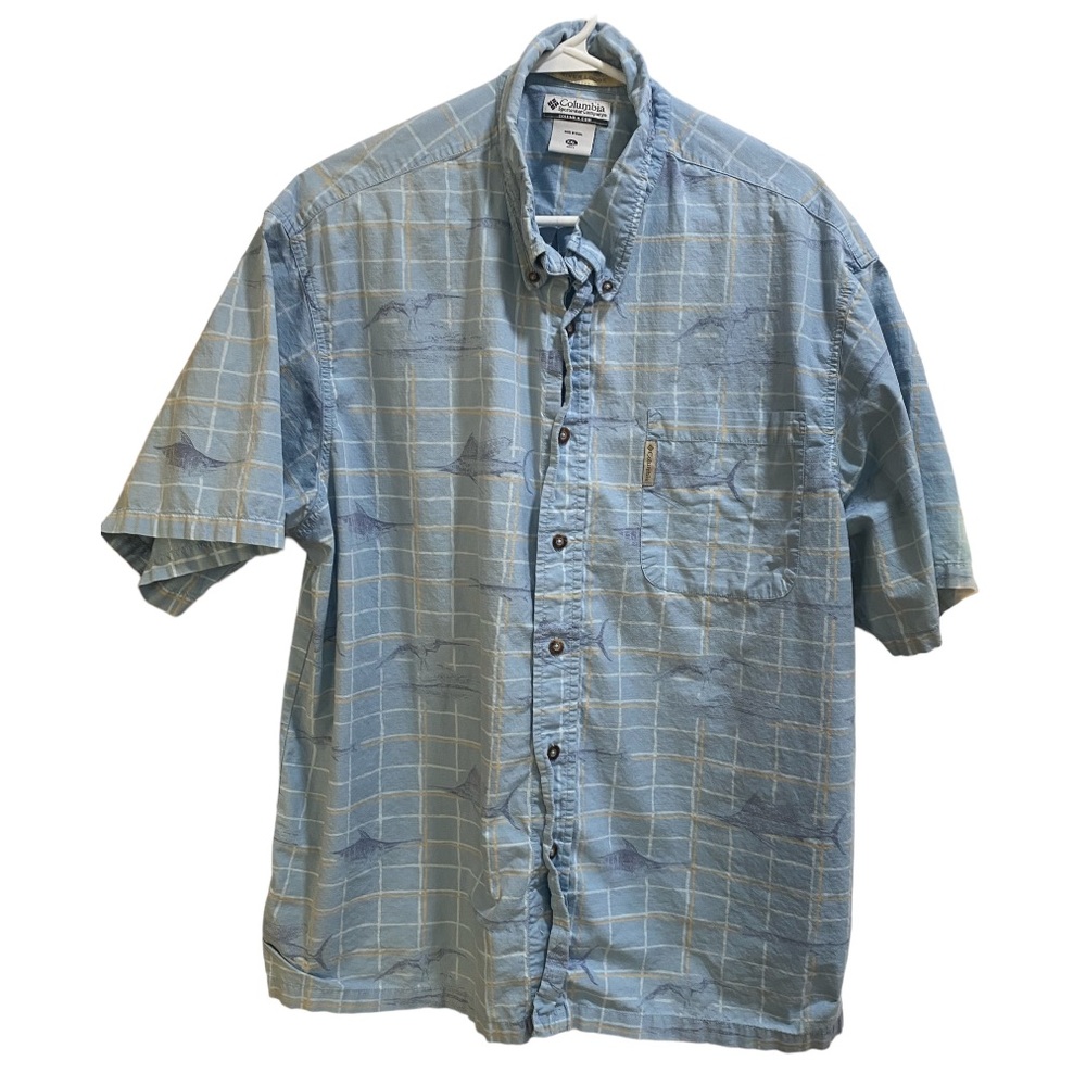 Vintage Columbia River Lodge Shirt Adult XXL Blue Button Up Fish Print Mens‎